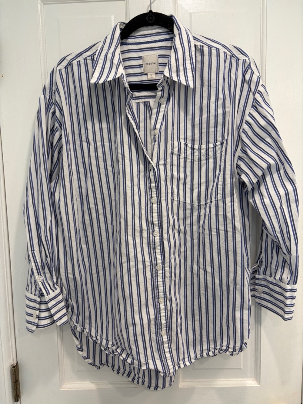Maeve Button-Down Shirt with Navy Vertical Stripes